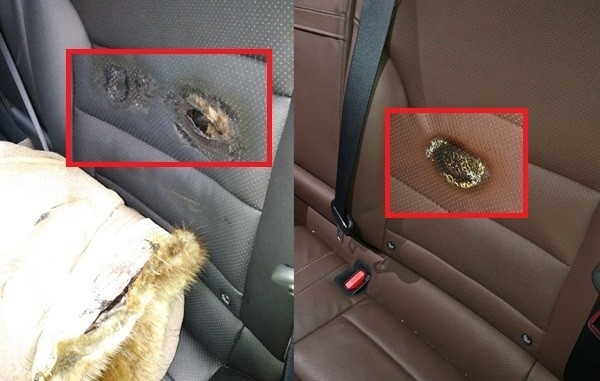 (오른쪽) 지난 27일 A씨의 QM6 차량에서 발생한 뒷좌석 열선 결함 등에 따른 화재, (왼쪽) 지난해 12월 B씨의 QM6 차량에서 발생한 화재 사진